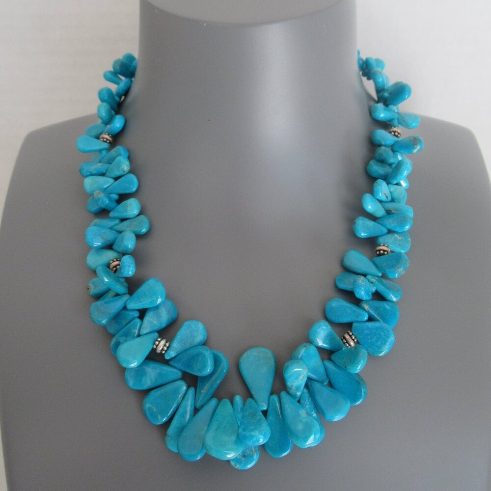 Multi Teardrop Genuine Turquoise Choker Necklace, sterling silver closure 17"